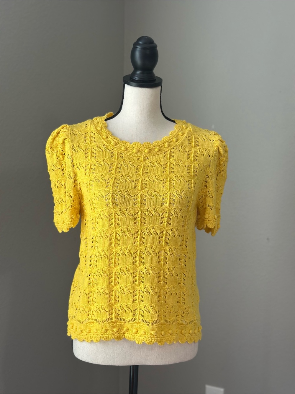 Anthropologie Bright Yellow Knitted Cottage Crochet Puff Sleeve Short Sleeve Top